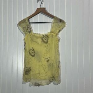 Misomiso Yellow Sheer Beaded Floral Top‎ L 100% Silk Fairycore Romantic NWT